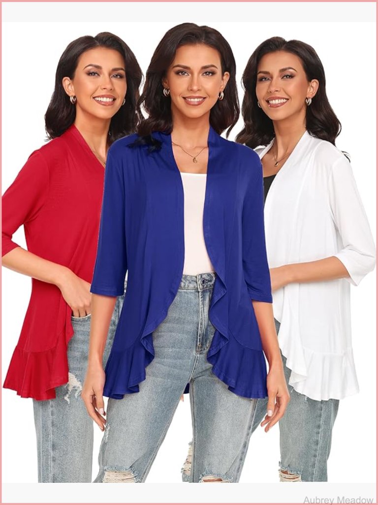 3/4 Sleeve Open Front Cardigan Shawl Collar Flowy Drapey Knit Sweater
